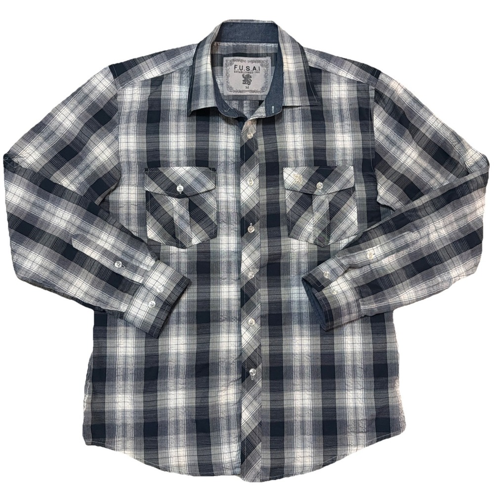 F.U.S.A.I. Plaid Black White Gray‎ Blue Button-Up Shirt Med Roll Tab Textured